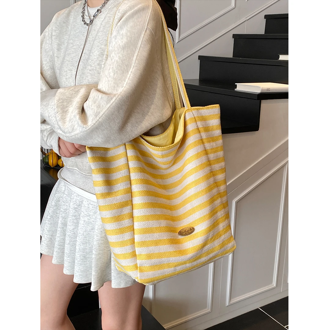 双面可用黄色条纹帆布包女韩版托特包休闲慵懒风大容量购物袋包