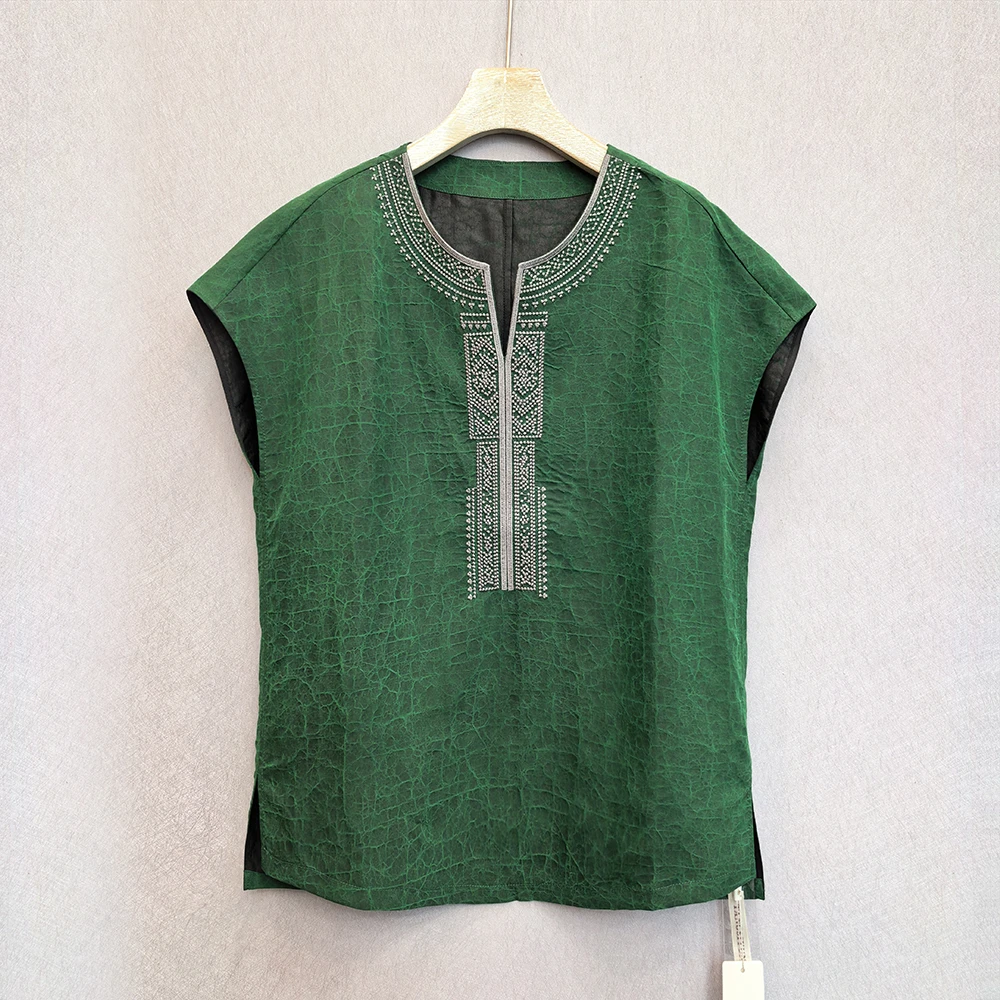 古韵蚕物【99325】专柜正品100%桑蚕丝老料龟裂纹重工刺绣小衫