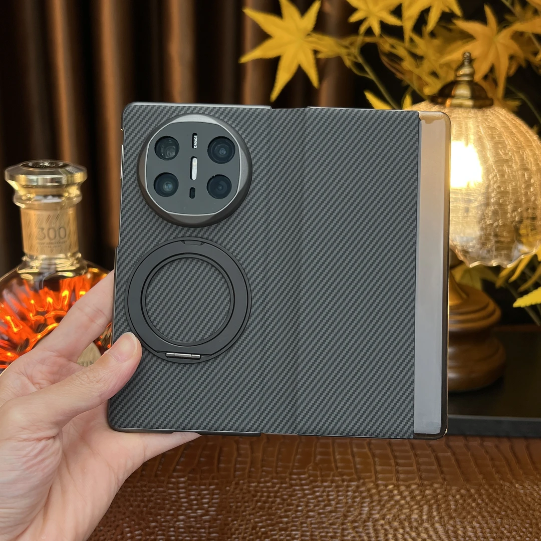 [新款智能翻盖旋转支架]适用华为MateX6碳纤维纹手机壳防摔皮套男