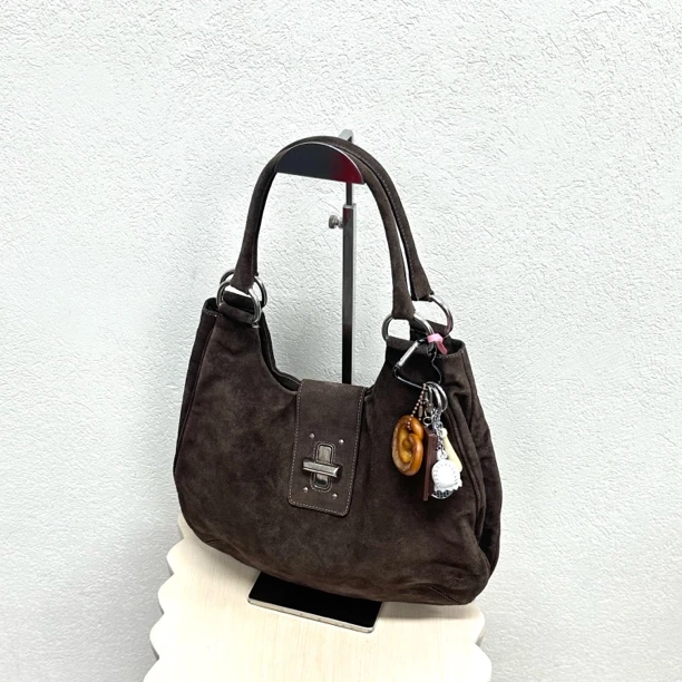 95新 Prada/普拉达 棕色麂皮双子星hobo单肩包 117643