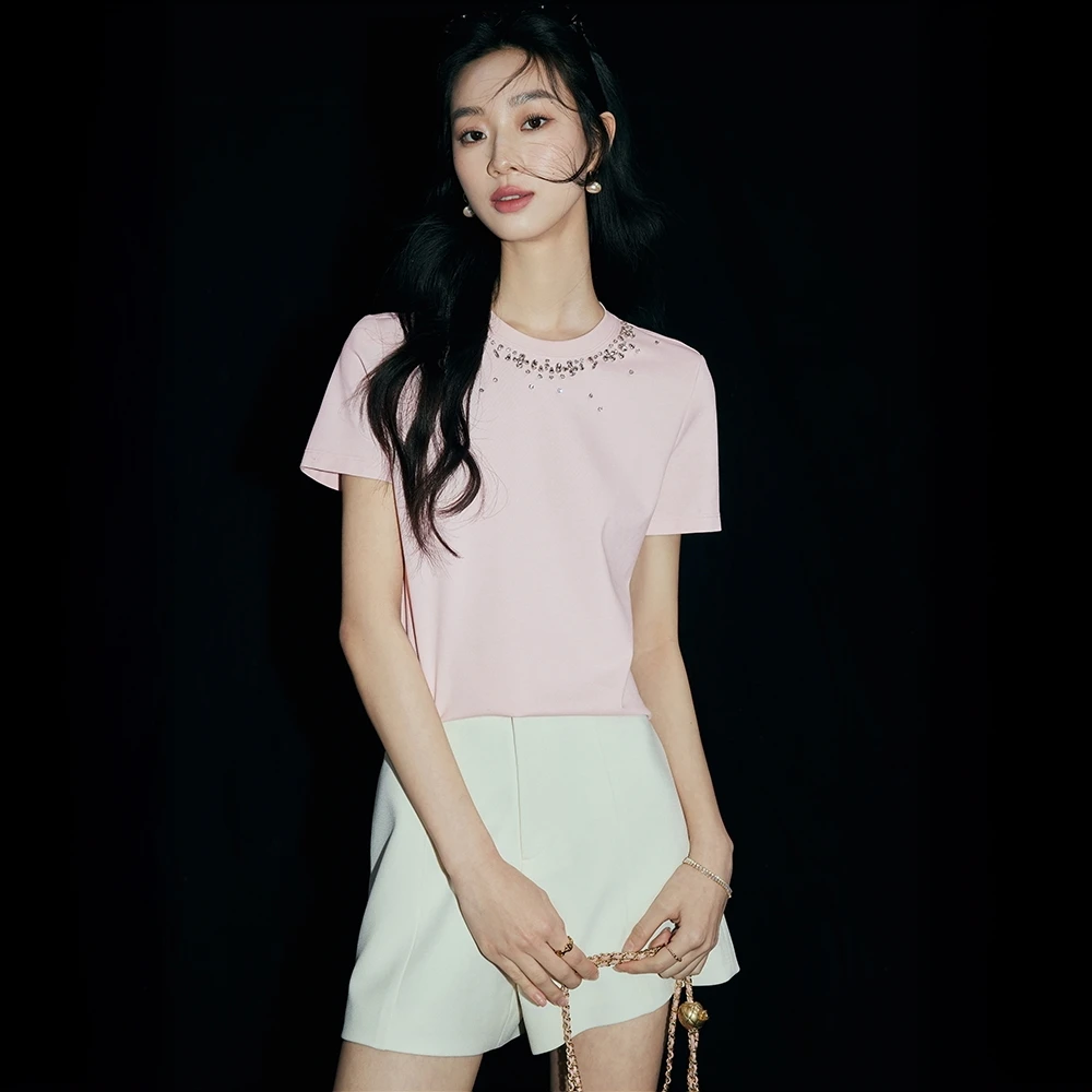 【陈大可专属】法曼萱羊毛重工手工钉钻粉色T恤女2025夏短袖上衣