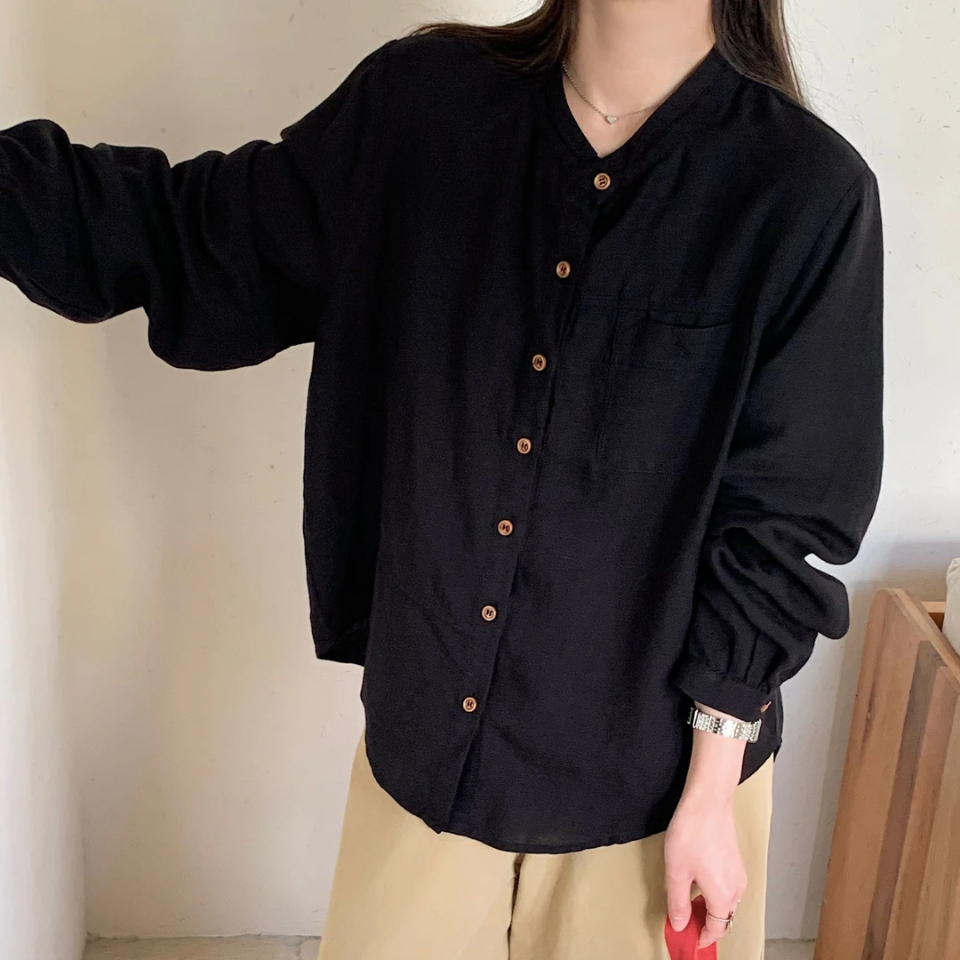 天丝亚麻长袖衬衫女别致小立领减龄上衣2025春新款衬衣休闲