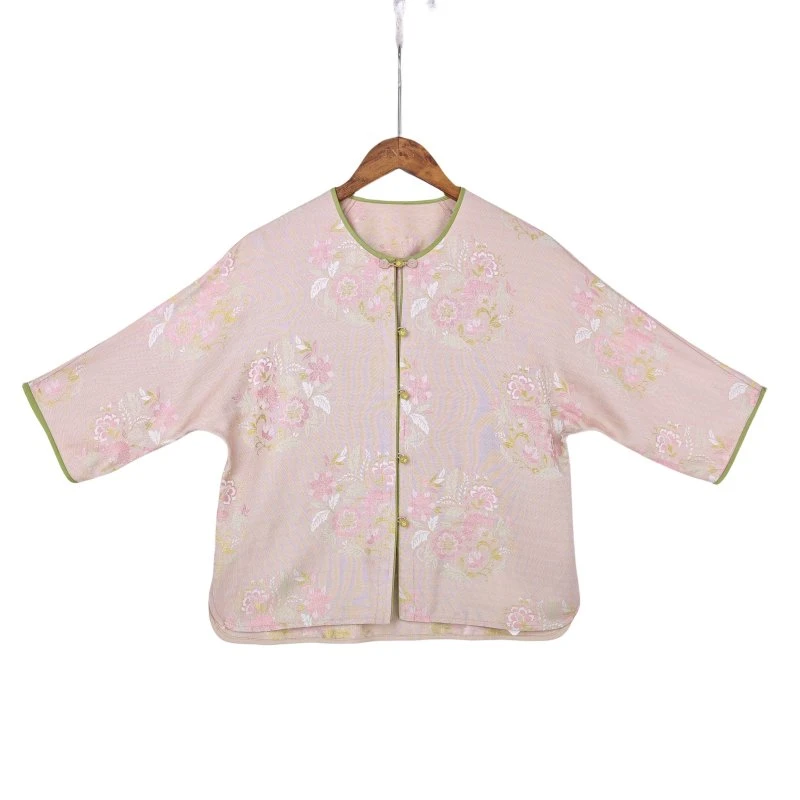 【梦绾】国风新中式桑蚕丝优雅显气质复古长袖圆领直襟上衣女 51323