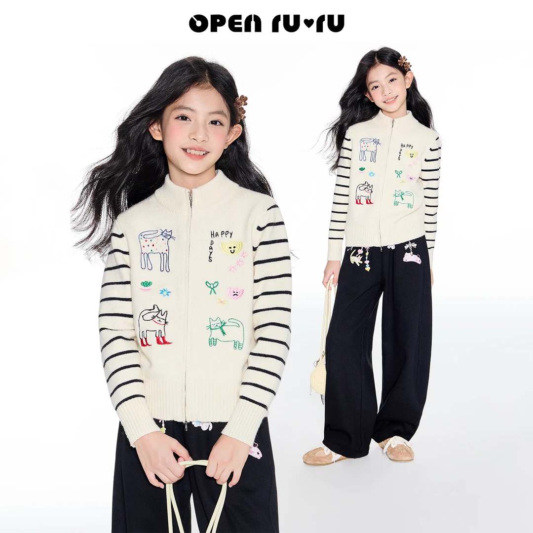Opennunu女童猫咪刺绣立领毛衣开衫秋季中大童设计休闲童装反季