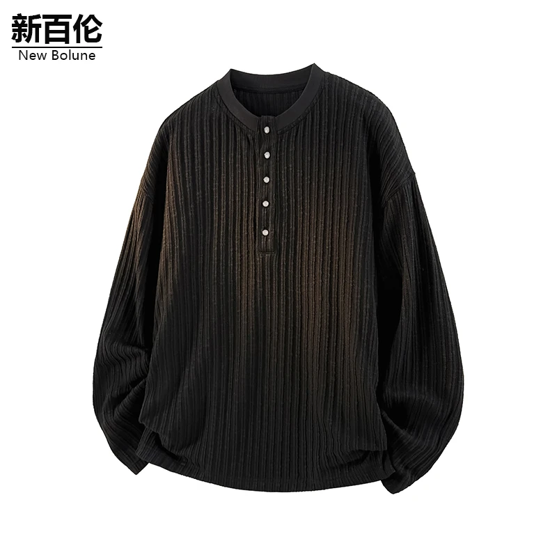 新百伦/NEW BOLUNE肌理感纯色T恤男秋季新款复古亨利领打底长袖