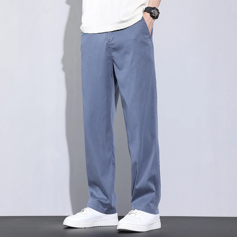 2024夏季冰丝莱塞尔休闲裤长裤男士时尚新款简约阔腿薄款速干裤子