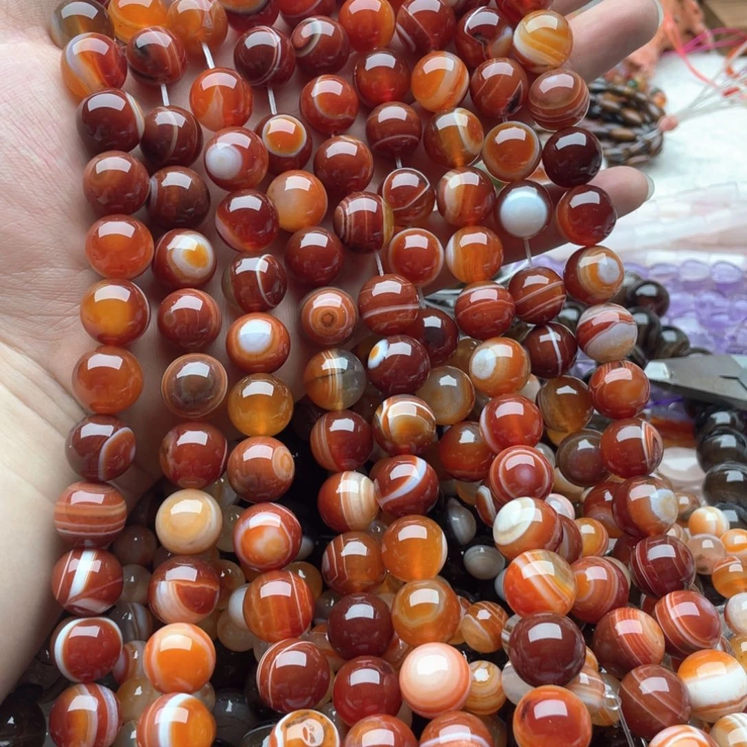 玛瑙/玉髓未镶嵌珠宝半成品一条装卡14mm红缠丝玛瑙圆珠带眼