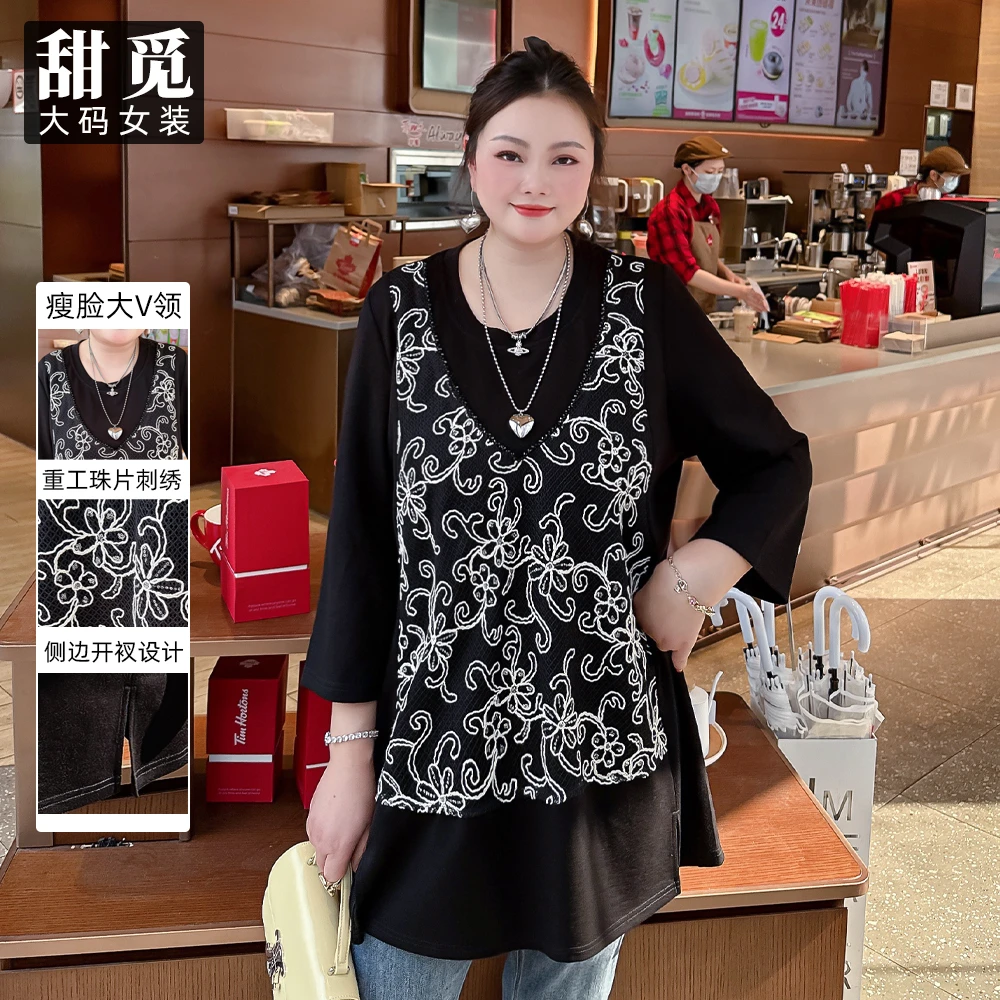 甜觅特大码女装2025夏季胖mm300斤重工钉珠亮片刺绣长款假两件T恤