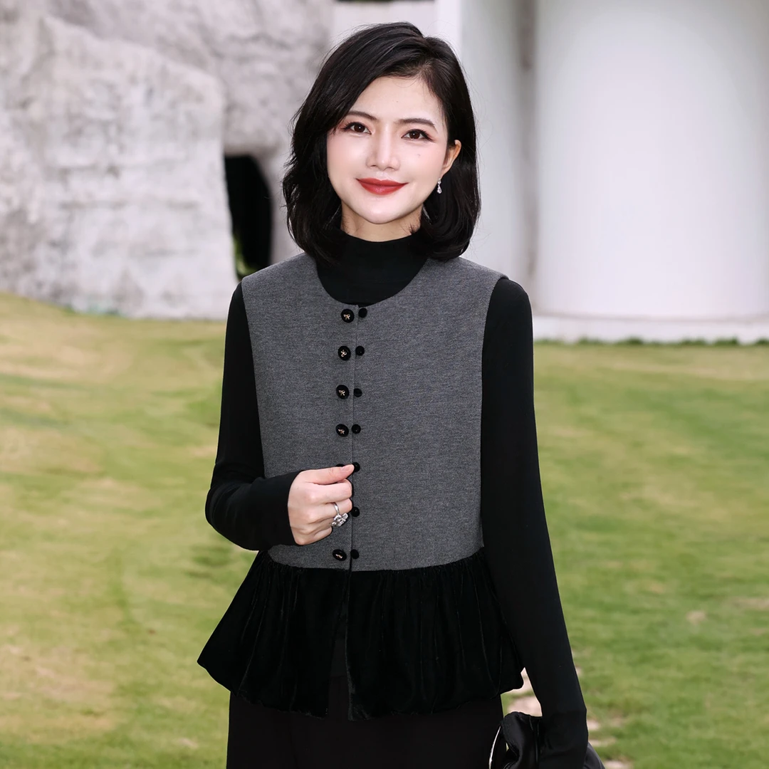 枫竺阿楠anan新中式马甲女秋丝绒拼接叠穿出游背心外套毛衣开衫