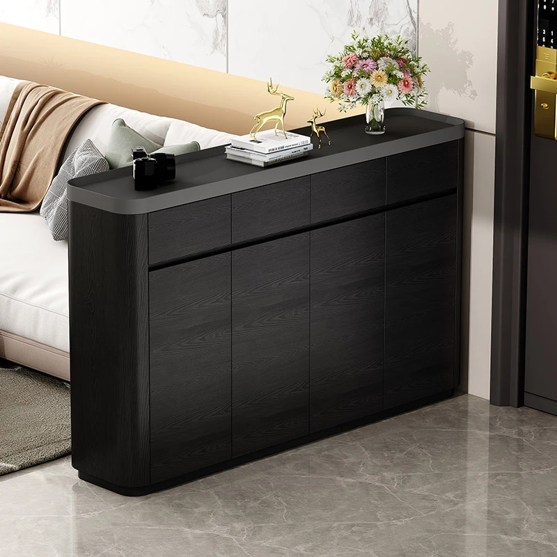 黑色实木现代简约鞋柜家用门口玄关柜入户门厅柜多功能收纳储物柜