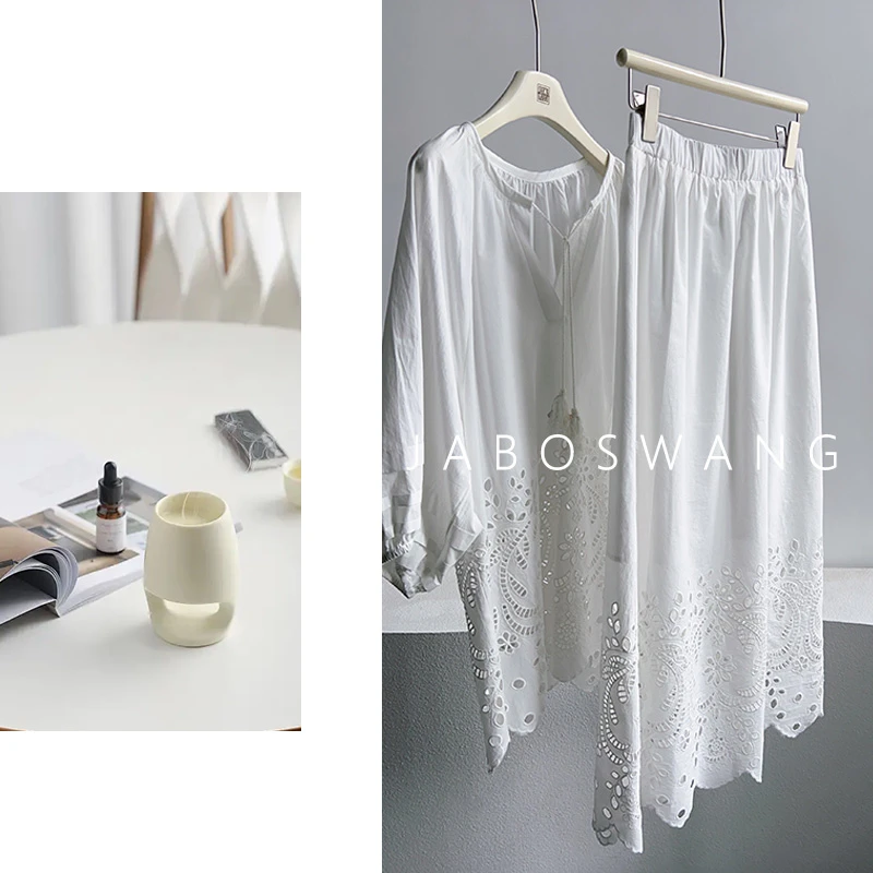 T043孑然白色套装2025夏季新款时尚百搭圆领印花拼接度假风