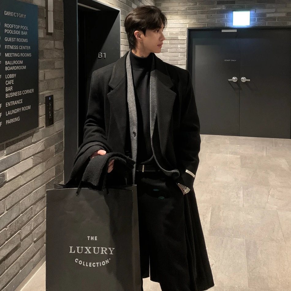 美拉德毛呢大衣长款韩版休闲冬季休闲过膝潮牌风衣男装宽松外套男