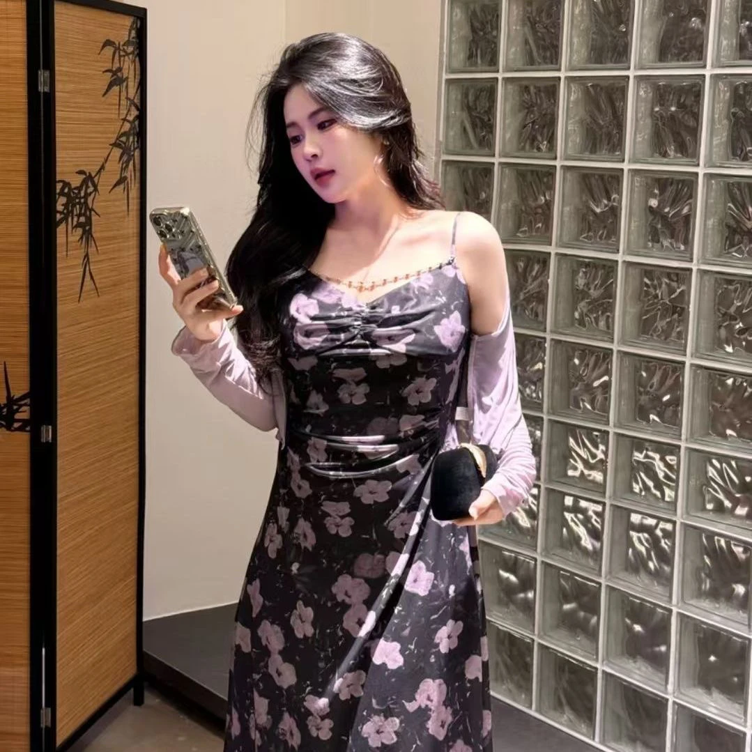 胖MM大码法式温柔吊带碎花连衣裙女夏季新款外搭开衫遮肚显瘦裙子