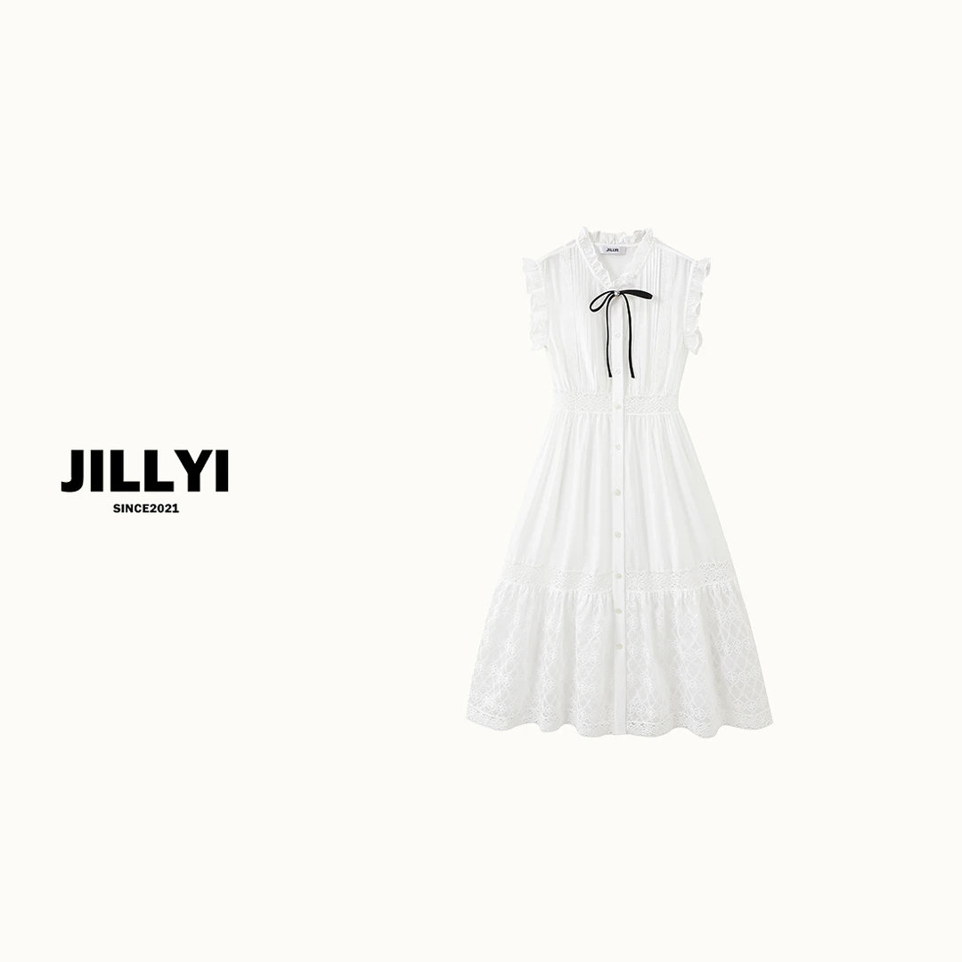 JILLYI珠海店【心动纯白】白色领口蝴蝶结系带木耳工艺时尚公主气质