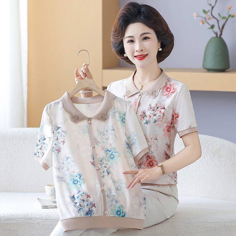 气质妈妈装夏季新款翻领时尚减龄短袖T恤中老年女装冰丝短袖套装