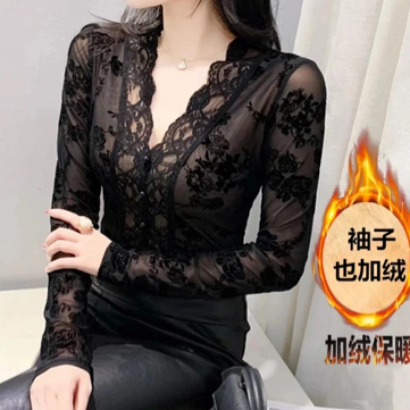 Y894加绒花边V领蕾丝打底衫女内搭秋冬新款轻熟风御姐长袖上衣女