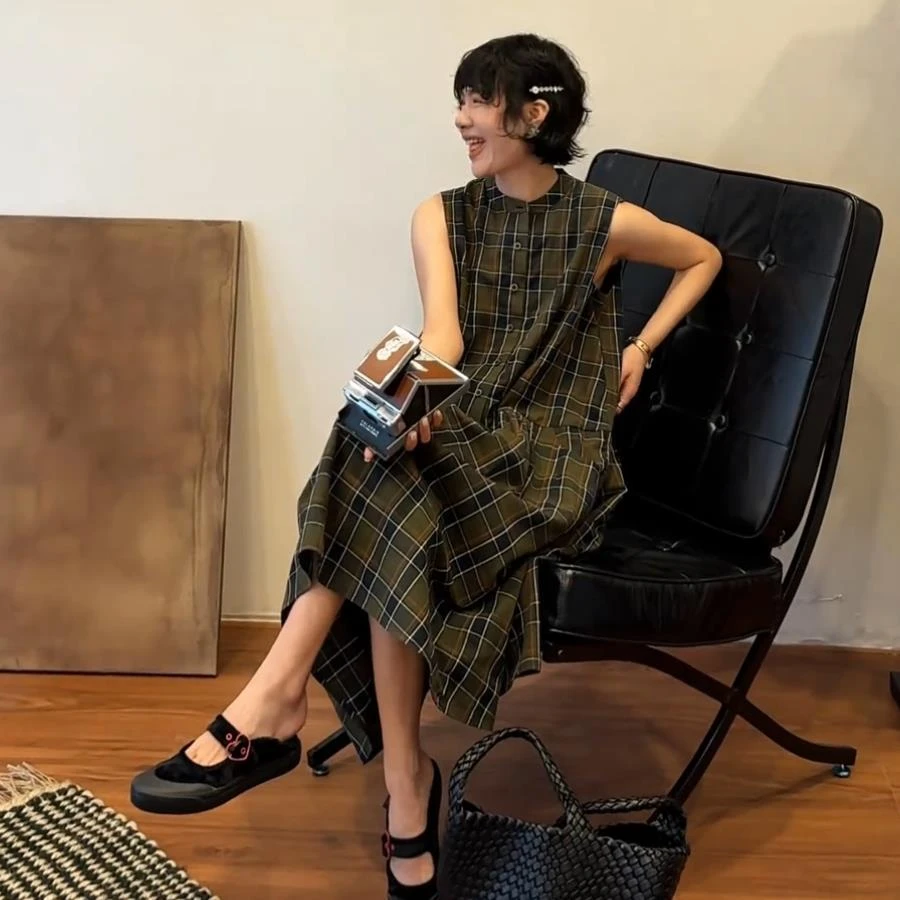 BUU【青菱】高级感复古拼接无袖格子连衣裙慵懒风松弛感衬衫背心裙