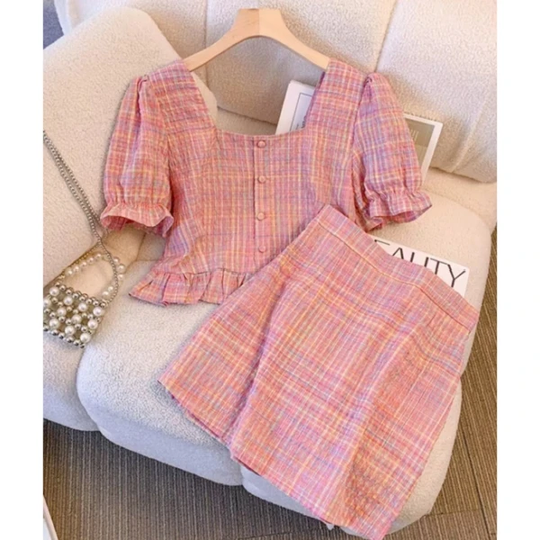 【13034】荷叶边夏季短款短袖薄款大码衬衫常规东方洛可可短裙套装