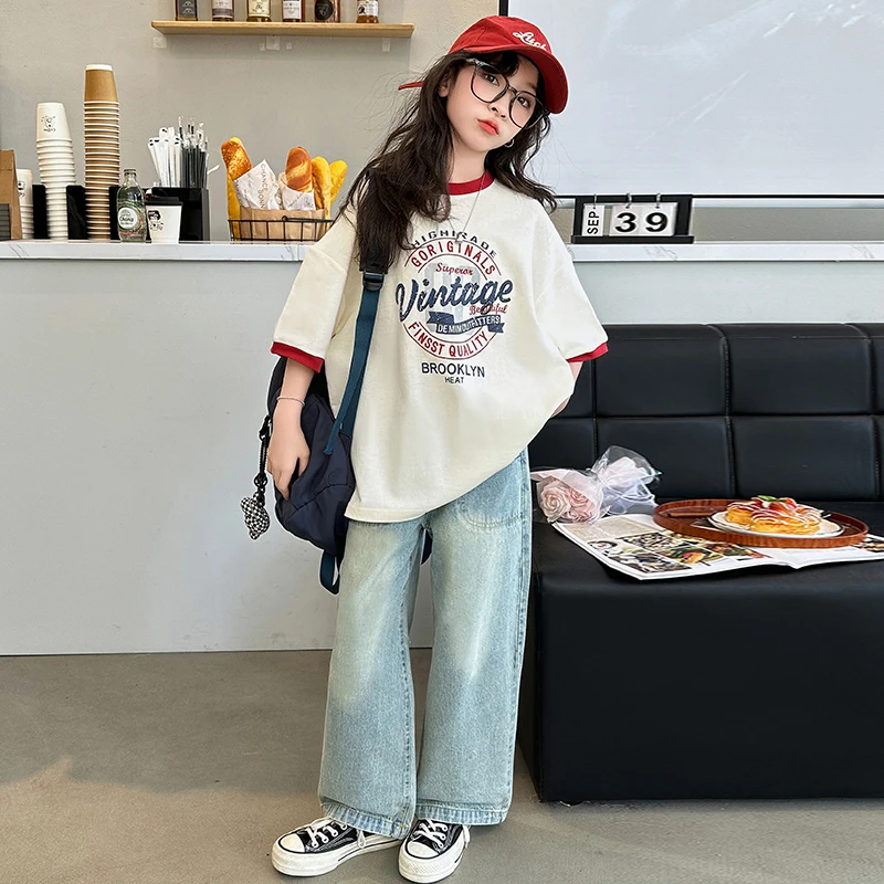 女童夏装美式短袖2025新款儿童洋气复古印花T恤大童时髦半袖上衣8