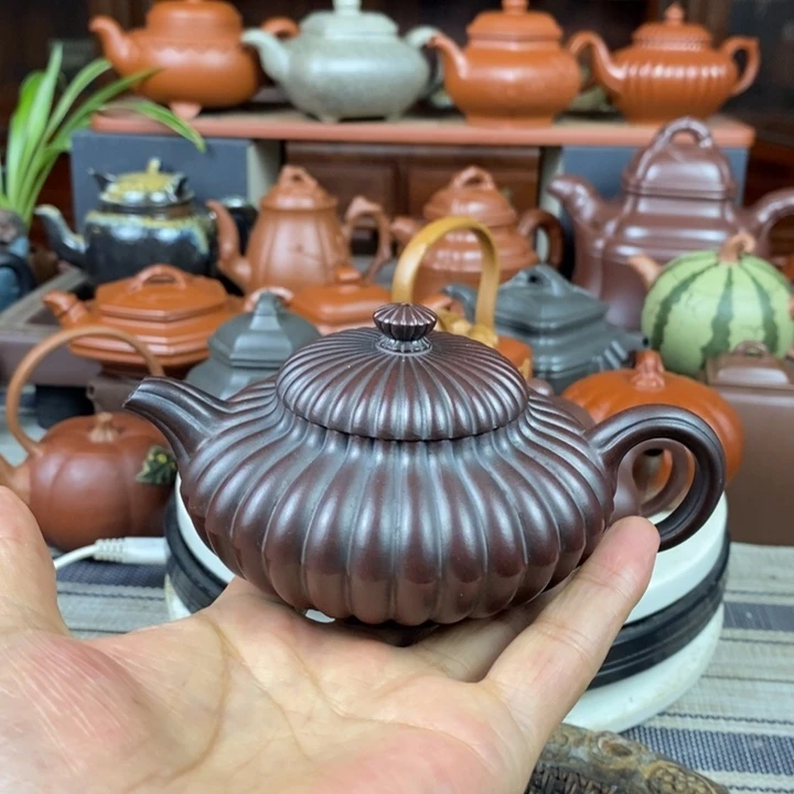 紫砂茶壶筋纹合欢200cc原矿老紫泥还原烧特价