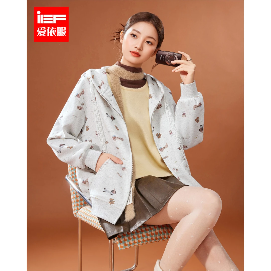 IEF/爱依服2025秋季新款美式时尚休闲风宽松百搭印花卫衣外套上衣
