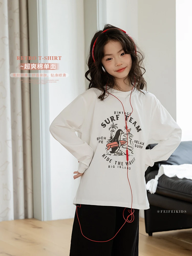 女童长袖T恤春季2025儿童宽松卡通印花透气百搭童装B51G201037