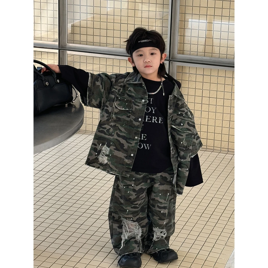 迷彩泼漆男童韩版薄款短袖长裤套装春季潮范两件套户外休闲洋气