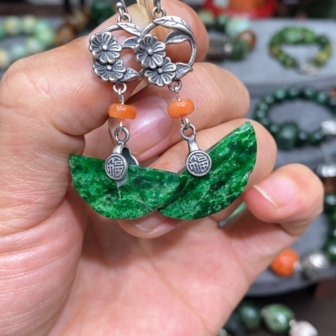 翡翠耳饰银S925镶嵌漂亮美眉