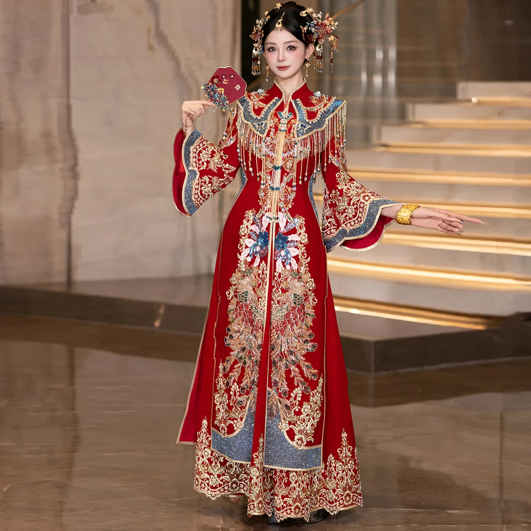 奢华秀禾服2025新款新娘重工凤冠霞帔中式婚服嫁衣出阁敬酒服1078
