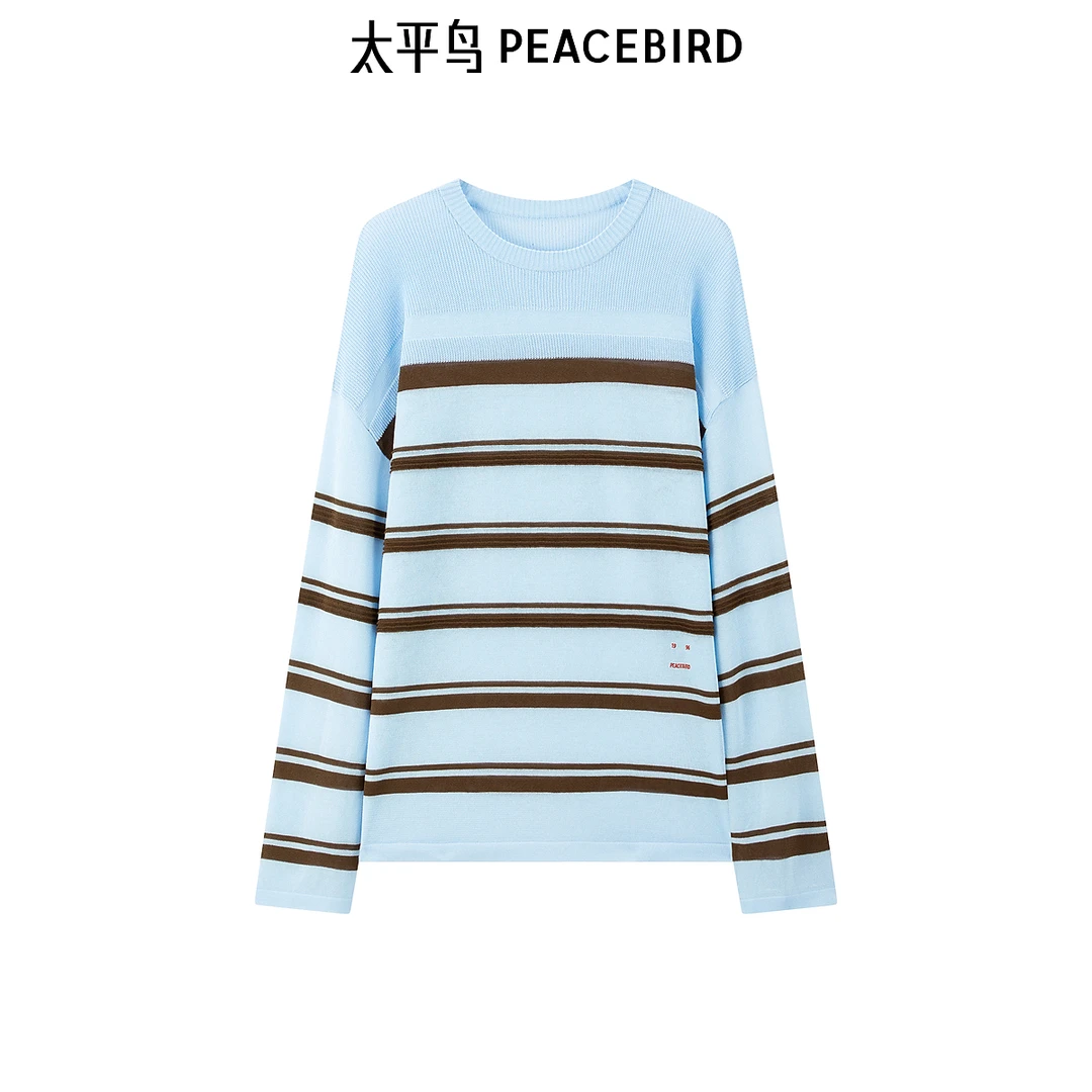 太平鸟浅蓝色条纹廓形空调衫女线套衫时尚上衣罩衫女A3EEE3811