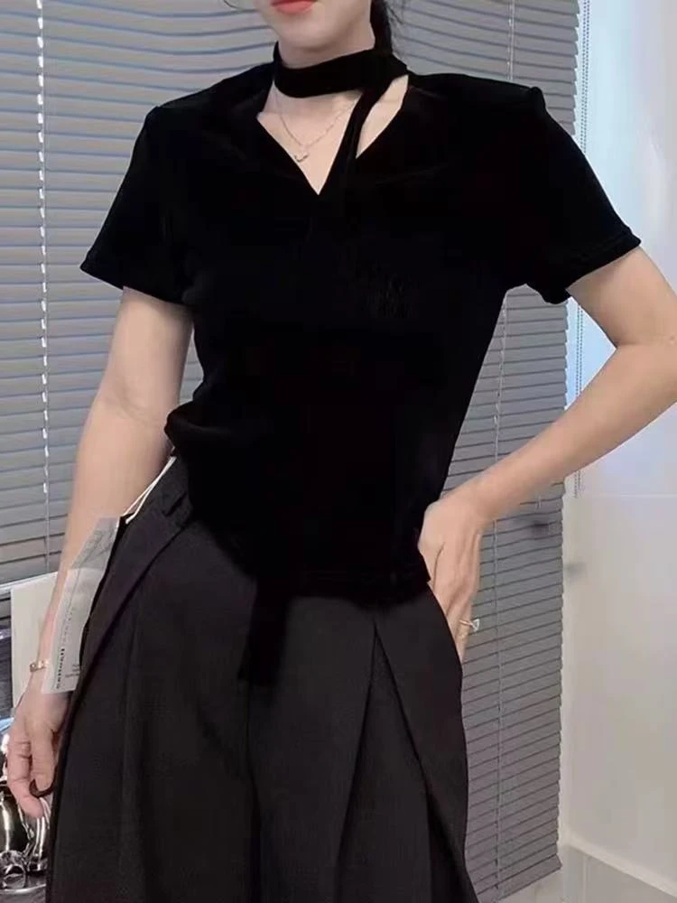 80010#时尚金丝绒时尚飘带设计感T恤【A1-1】