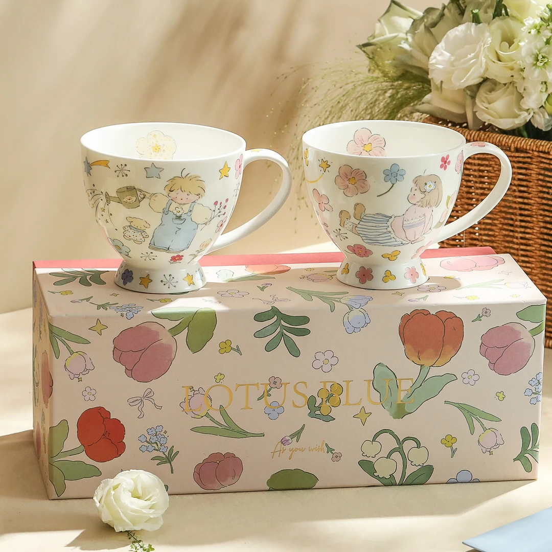 蓝莲花高颜值骨瓷水杯早餐杯马克杯告白表白情侣对杯礼盒实用礼物