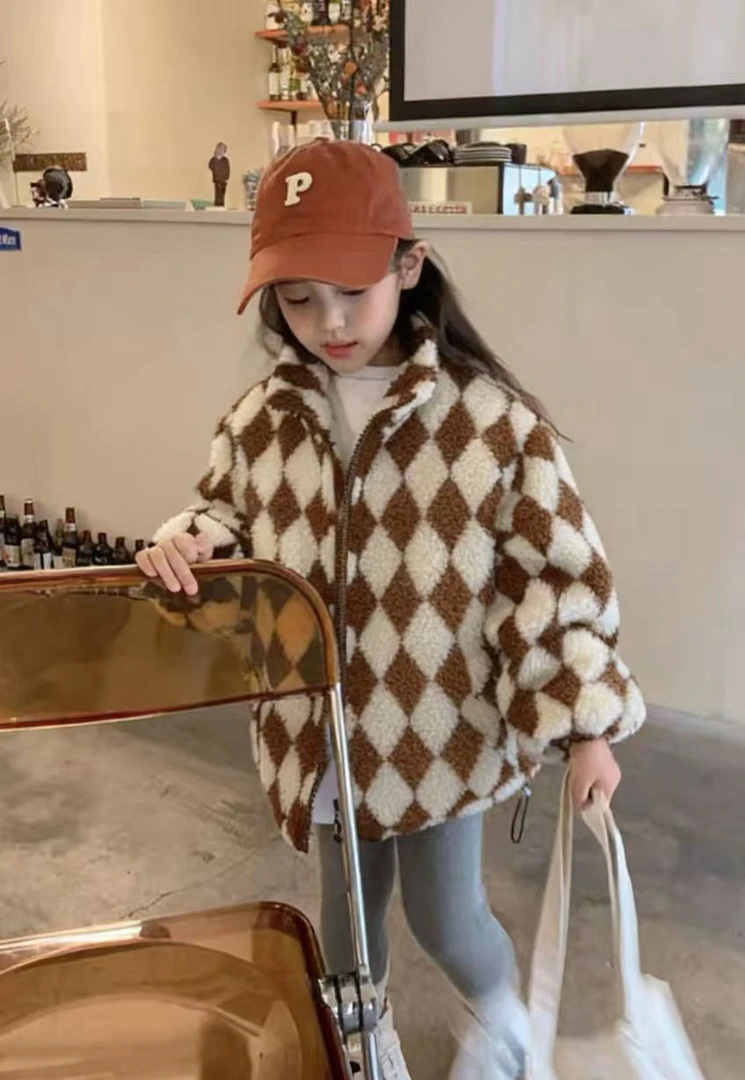 A200381童装女童棉衣外套2025冬韩版潮酷加绒加厚羊羔毛棉服外套