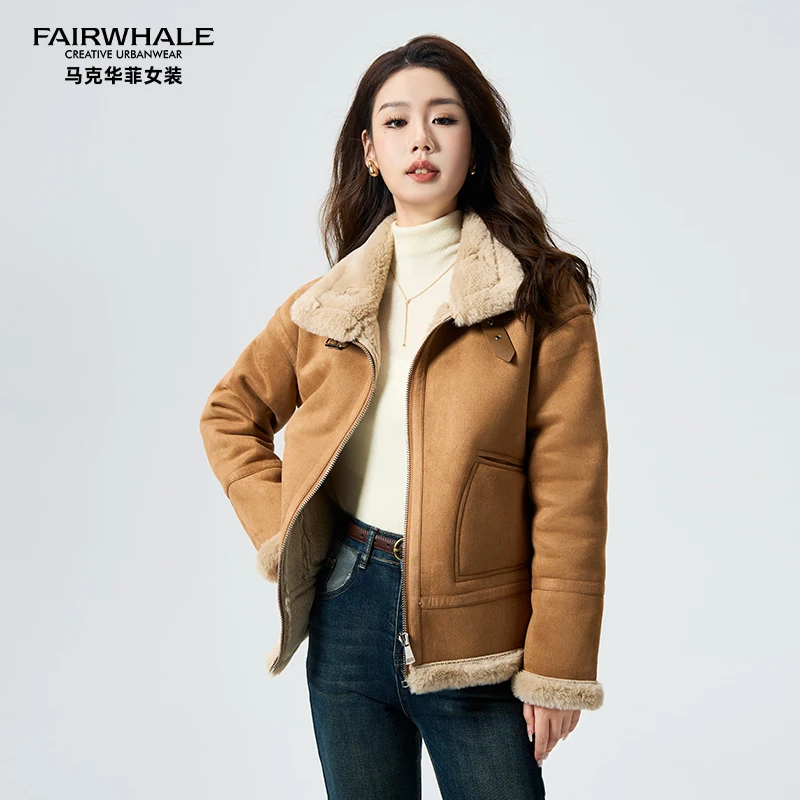 马克华菲女装秋冬洋气时尚宽松落肩百搭翻领加厚加绒毛绒短外套女
