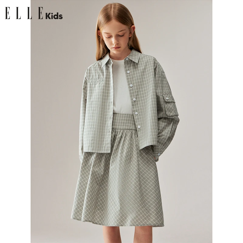 ELLE KIDS 复古格纹学院衬衫女童秋季新款立体贴袋文艺风上衣Q1