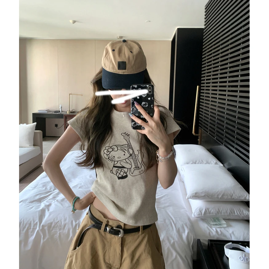 kitty短袖休闲印花T恤上衣+五分裤夏美式复古口袋工装裤两件套