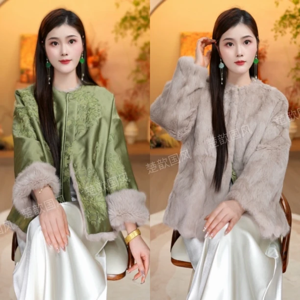 【晴婉】秋冬2025新款新中式上衣女双面双穿兔毛高级感宽松保暖外套