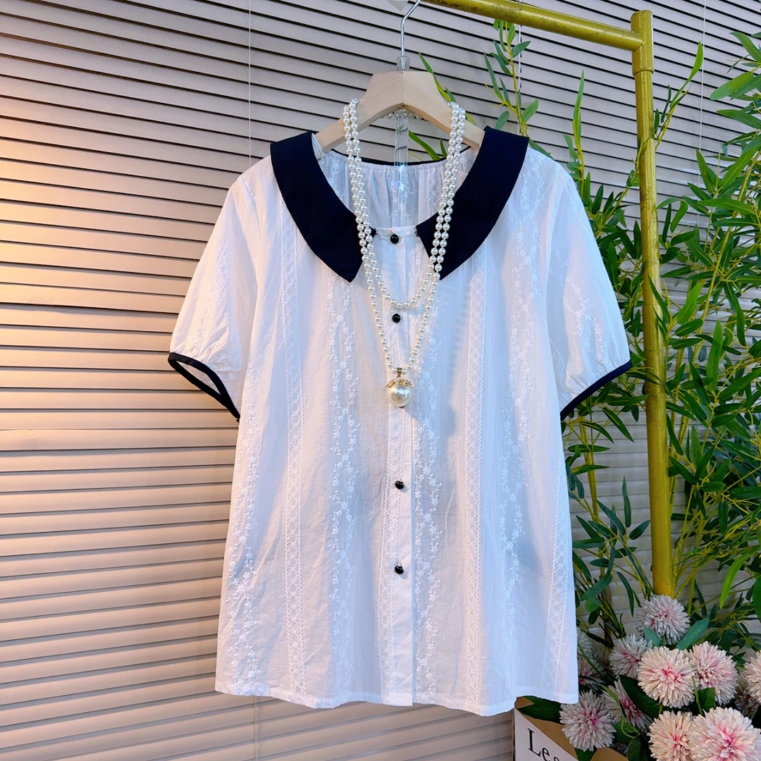 1206欧货春夏季新款时尚翻领拼色设计感胖妹妹气质减龄百搭衫