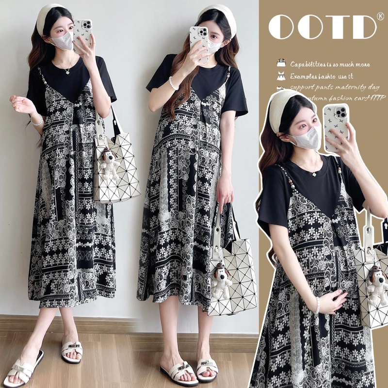 【甜甜圈】夏季新款韩版T恤拼接假两件度假风孕妇连衣裙