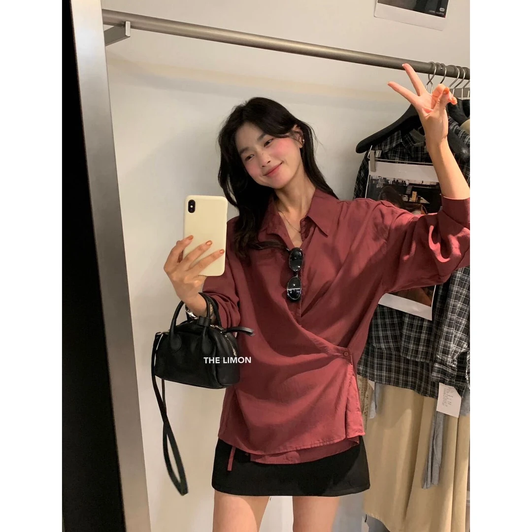 小温专属-早秋侧边系扣不规则设计感长袖衬衫通勤风上衣6592#0.13