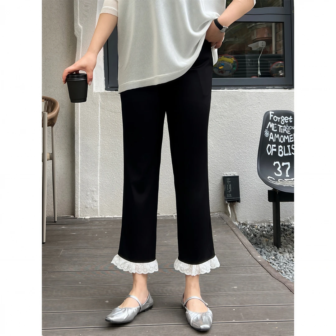 蜜桃气泡 / 荷叶边拼接小直筒休闲裤14651花契大码胖mm200斤显瘦