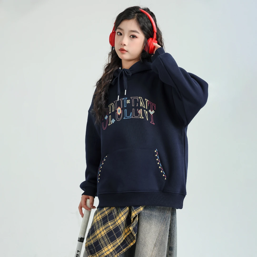 女童卫衣秋冬2025新款初中生女孩冬款加绒上衣女大童冬装连帽衣服