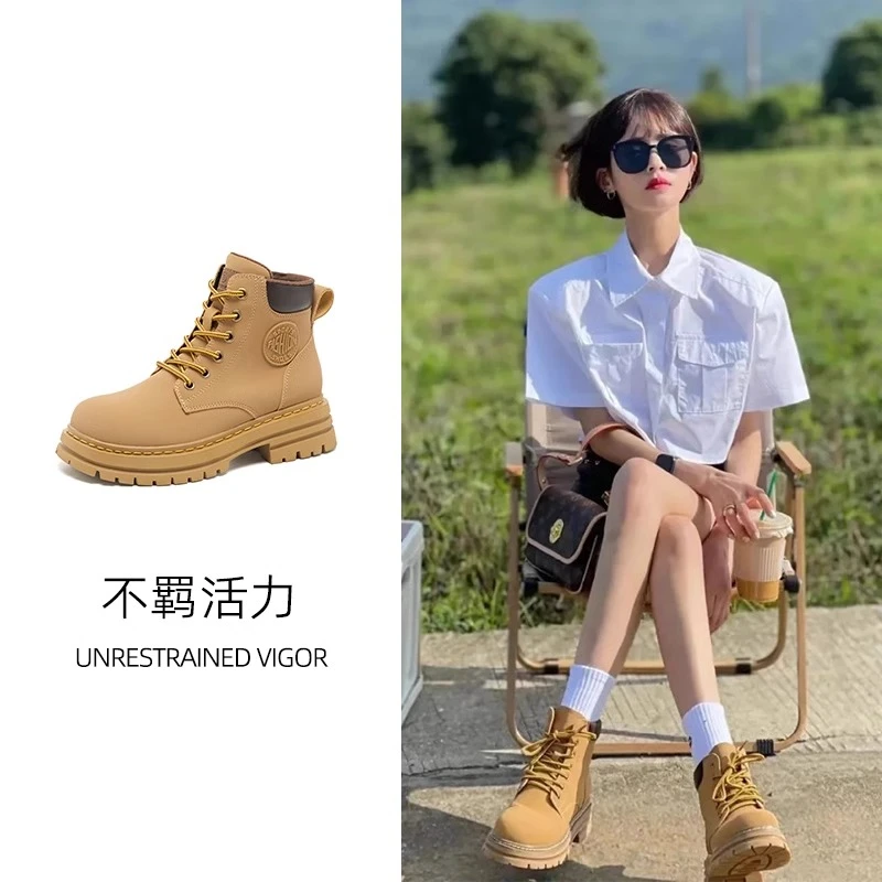 真皮踢不烂大黄靴马丁靴女2025秋季新款英伦风厚底内增高工装短靴