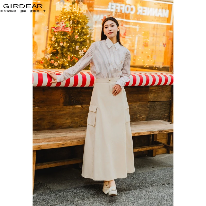 GIRDEAR/哥弟春夏新款时尚舒适百搭两边口袋中长款半身裙女120002