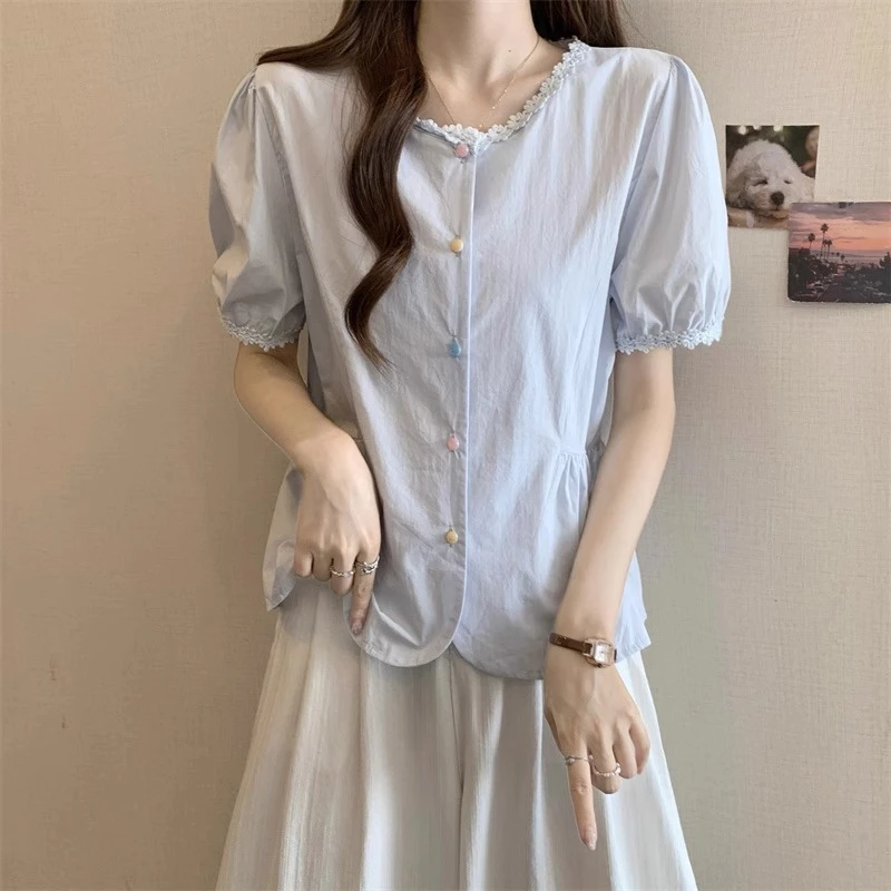 蕾丝拼接衬衫女2025夏季遮肉显瘦褶皱设计感娃娃衫甜美温柔风上衣