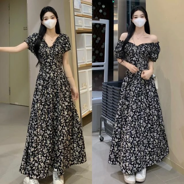 大码夏季长款新款碎花V领收腰女装连衣裙长裙两西装公主套装女MM