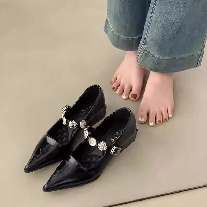 羊皮版~法式尖头玛丽珍女鞋气质金属扣一字带粗跟单鞋浅口高跟鞋