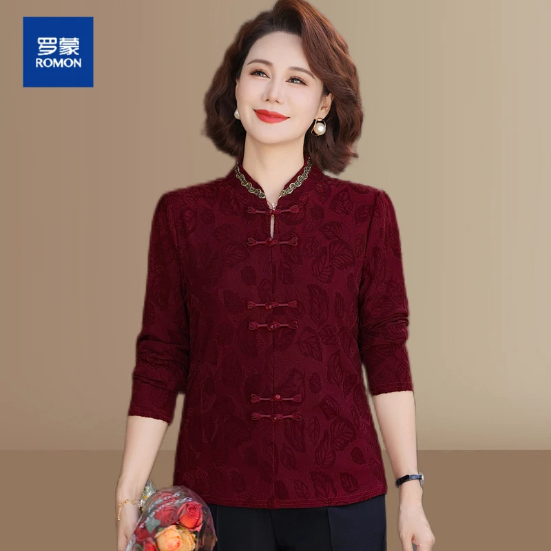 罗蒙中老年女装春秋喜婆婆婚宴装妈妈秋季新中式国风长袖T恤小衫