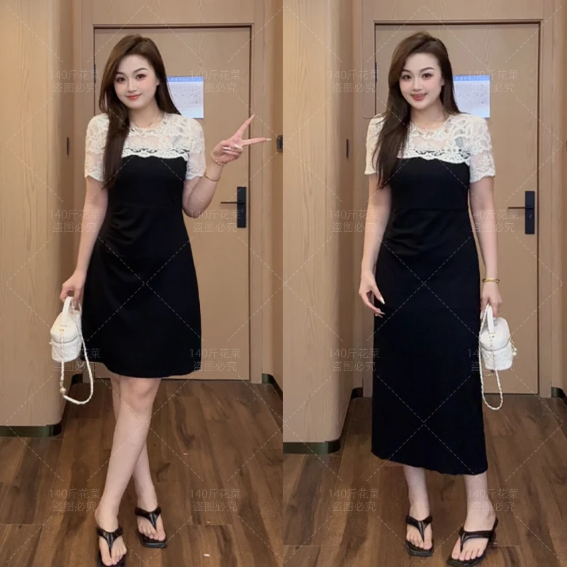 （现现款）花菜微胖定制~【云朵奇遇】设计感拼蕾丝气质法式连衣裙