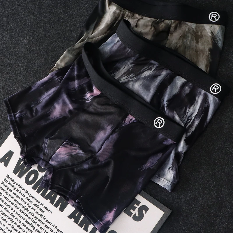 超薄速干男士内裤夏季国潮水墨网纱内裤男冰丝透气男生四角平角裤